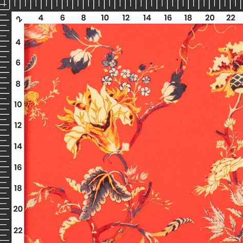 Orange Red Yellow Floral Pattern Digital Print Crepe Silk Fabric ...