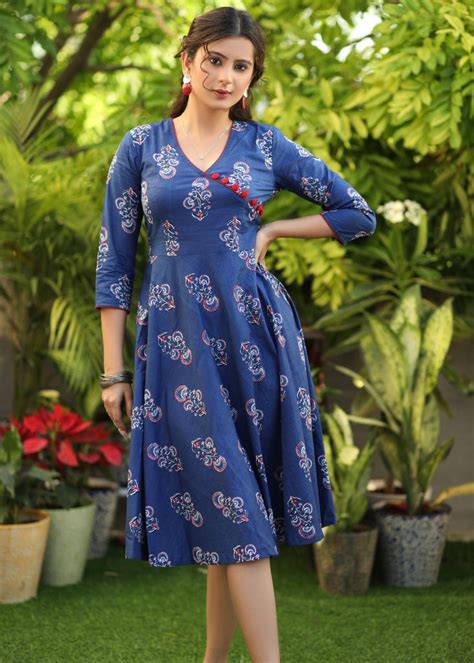 Classy Blue Printed Cotton Flared Dress – Sujatra