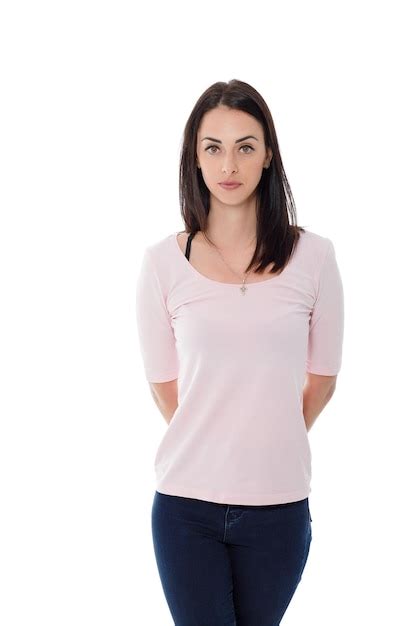 Beautiful brunette woman in pink tshirt | Premium Photo