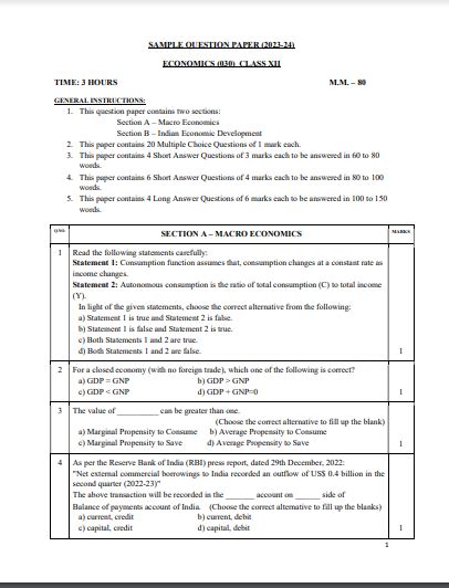 CBSE board exam 2024: Practice this class 12 Economics sample paper to ...