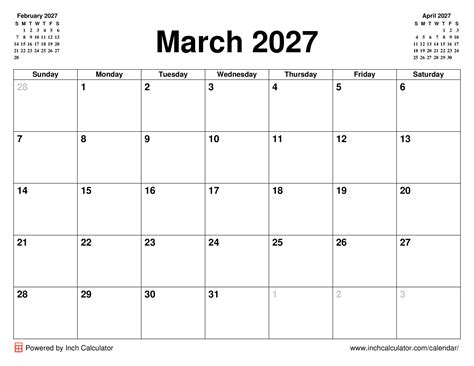 March 2027 Calendar - Inch Calculator
