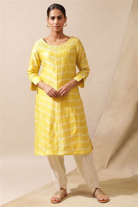 Buy Yellow Cotton Silk Lehariya Kurta With Mukaish Embroidery @ 4999 ...