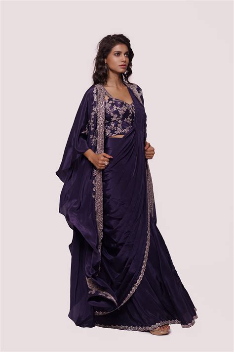 Embellished Purple Drape Saree with Kaftan Jacket