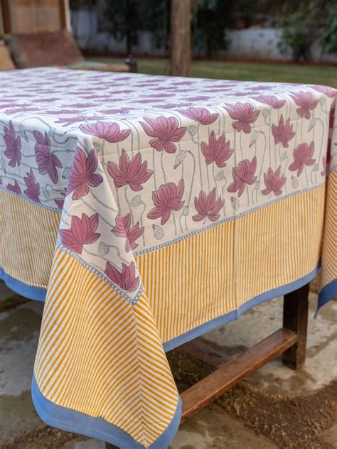 Purple Lotus Block Print Cotton Table Cover | Pinklay