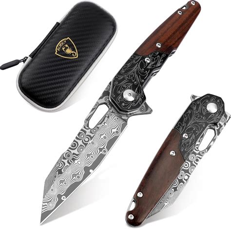 Amazon.com: AUBEY Damascus Pocket Knife for Men, Damascus Steel Blade ...