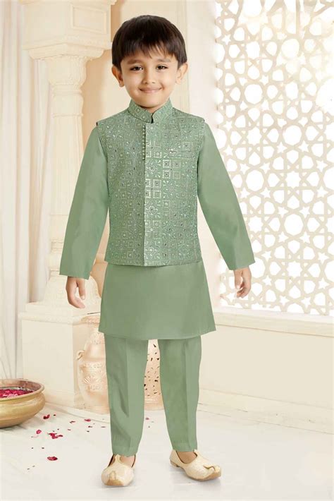 Pista Green Kurta Set With Sequins Embroidered Waistcoat For Boys ...