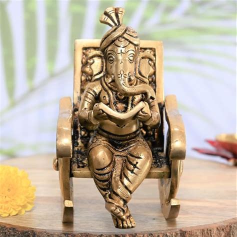 Buy Antiq Décor Brass Chair Ganesha Idol Lord Ganesh Statue Relax ...