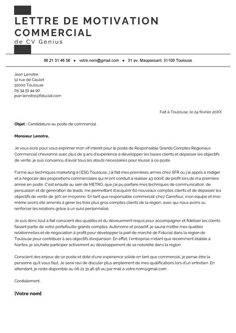 Lettre de motivation commercial – Exemple