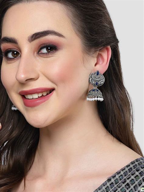 KARATCART Oxidised Silver Kundan Jhumki Blue Earrings for Women