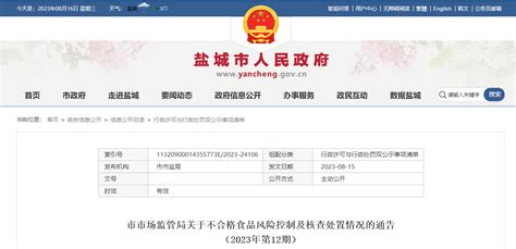 江苏省盐城市市场监管局关于不合格食品风险控制及核查处置情况的通告（2023年第12期）
