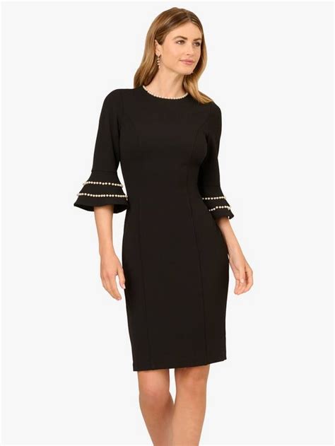 Adrianna Papell Pearl Trimmed Bell Sleeve Round Neck Sheath Midi Dress ...