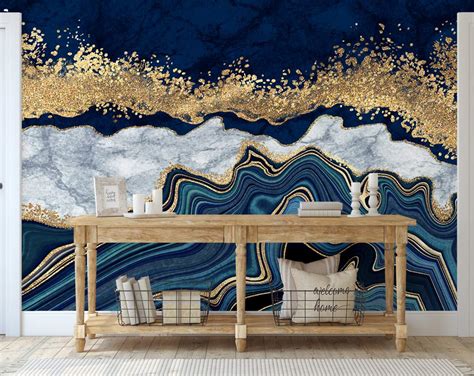 Marble Abstract Design Golden Look Yellow Blue Dark Blue Wallpaper ...