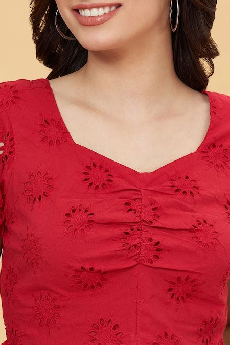 Red Textured Casual Half Sleeves Sweetheart Neck Women Slim Fit Tops ...