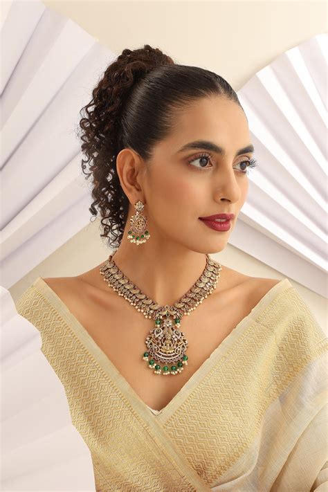 Geethanvi Multicolour Temple Work Necklace Set - Swabhimann Jewellery ...