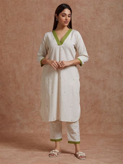 Buy Ivory Embroidered Cotton Dobby Kurta with Slip | #CyanA78/CYIN2 ...
