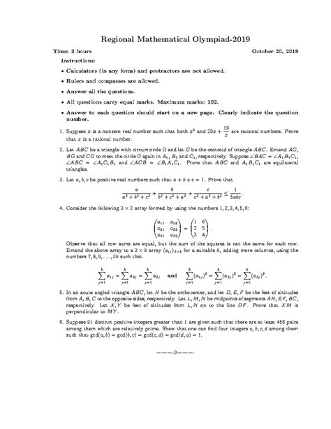 Rmoengfirst 2019 - ........ - Regional Mathematical Olympiad- Time: 3 ...