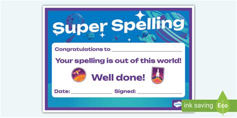 Space-Themed Super Speller Certificate (teacher made)