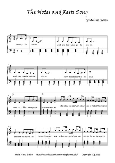 The Notes and Rests Song by Melissa James Sheet Music for Easy Piano at ...