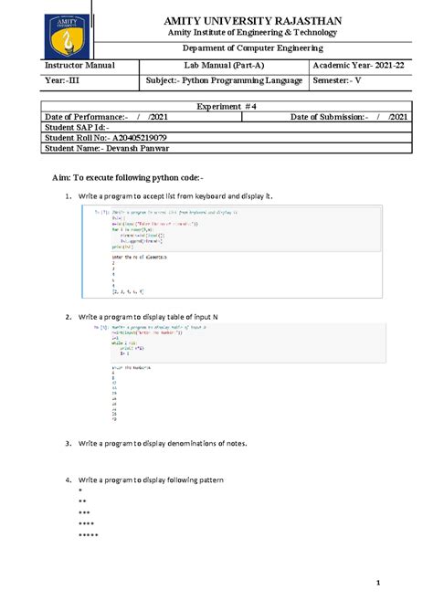 Python Experiment for python - Amity Institute of Engineering ...