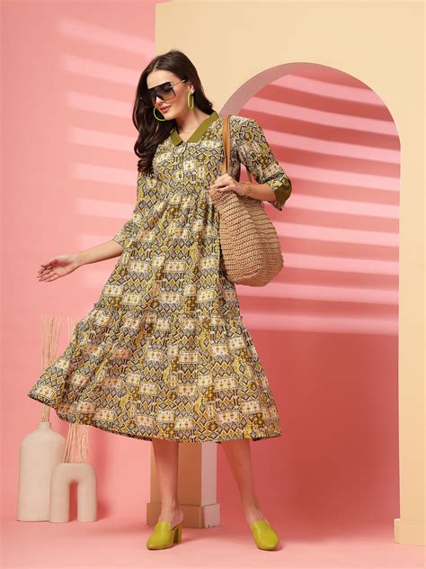 Indibelle Cotton Ethnic Print Maxi Dress (Olive) – indibelle
