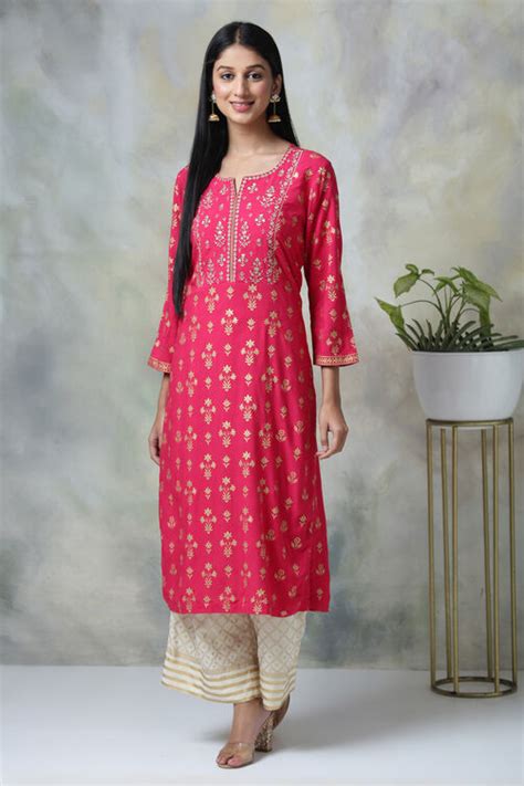 Pink Rayon Straight Kurta Pants Set at Biba India