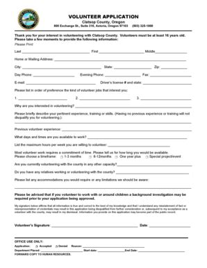 Fillable Online co clatsop or VOLUNTEER APPLICATION - Clatsop County ...