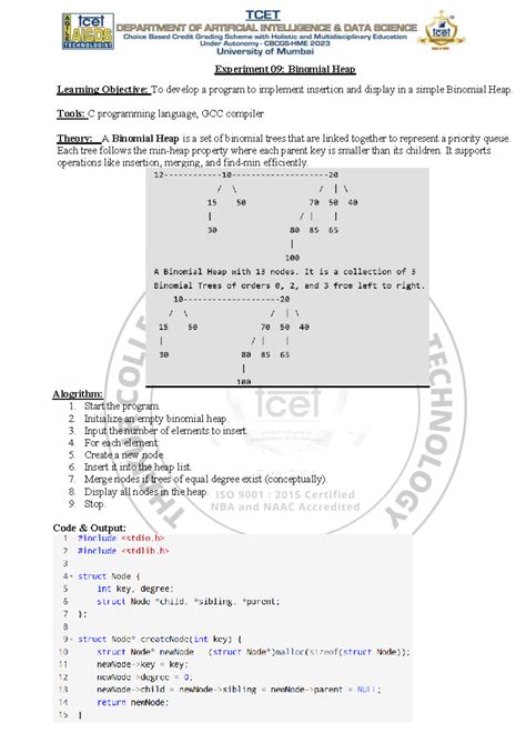 DS Experiment 09: Implementing Binomial Heap in C - Studocu