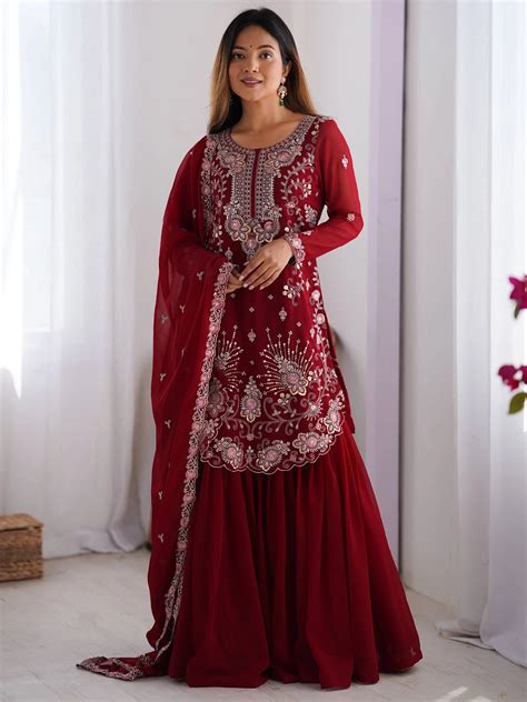 ⚡️Buy Awesome Red Sequins Georgette Festive Wear Sharara Suit With ...