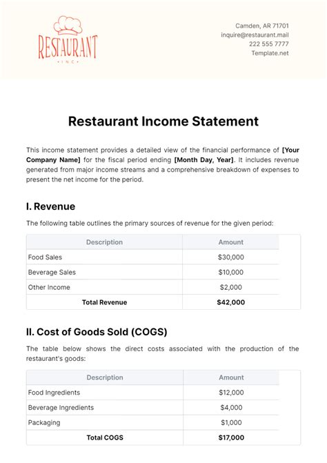 Image result for Income Statement Restaurant Example