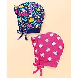 Babyhug 100% Cotton Knit Caps With Floral Print Pack of 2 - Dark Pink ...