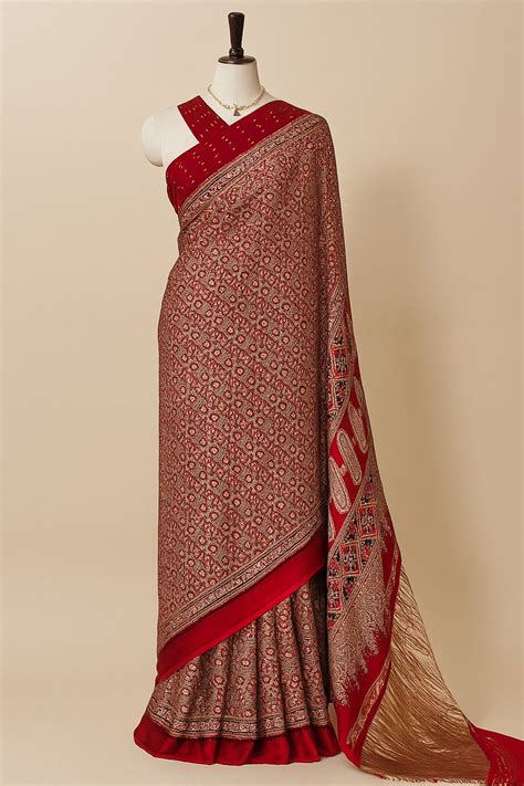 Maroon Modal Silk Ajrakh Printed Saree – Asopalav.in