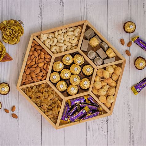 Hexagonal Wooden Tray For Mewa Gifting (7 Partition) | Ebony Woodcrafts