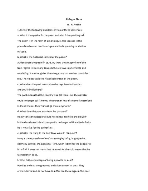 1 issues answers- refugee - Refugee Blues W. H. Auden 1 the following ...