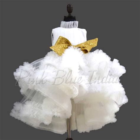 Party Wear White Ruffle Girls Gown with Bow