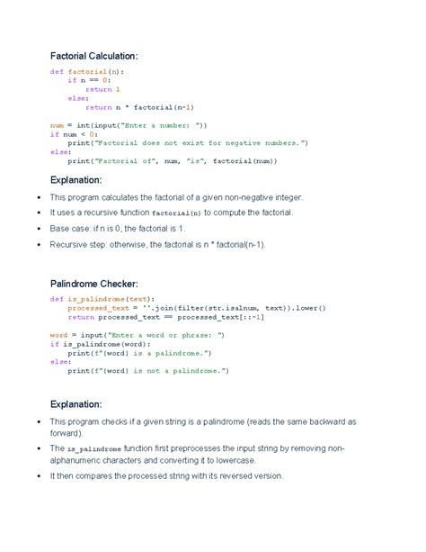 Factorial Calculation and Palindrome Checker in Python - Studocu