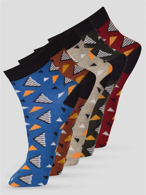 PACK OF 5 GEOMETRIC ALL OVER DESIGN ANKLE LENGTH CUT ASSORTED COTTON S ...