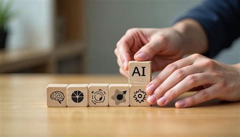 Hands placing wooden blocks with ai symbol representing technology and ...