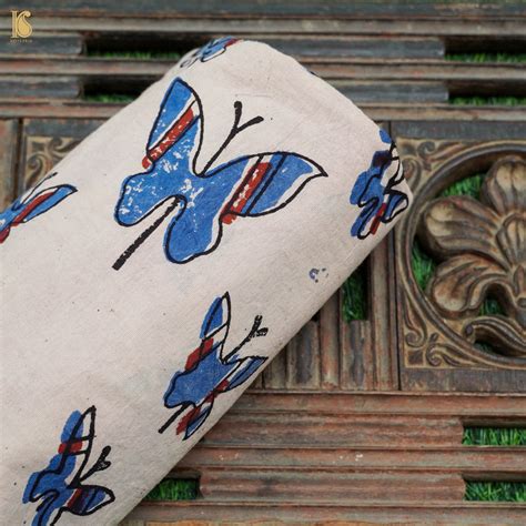 White Hand Block Ajrakh Cotton Butterfly Fabric – Khinkhwab