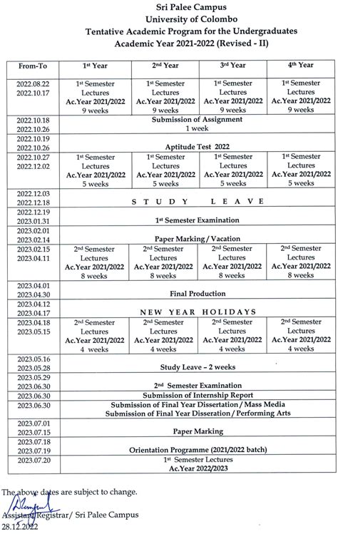 Tentative Academic Calendar 2021-2022 | Sri Palee Campus