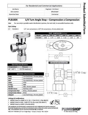 Fillable Online PLB100X 1/4 Turn Angle Stop Compression x Compression ...