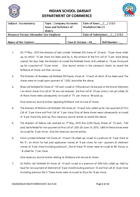 Worksheet-21: Company Accounts - Issue and Forfeiture of Shares - Studocu