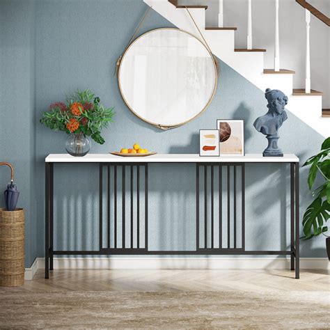 Narrow Long Faux White Marble Black Console Table – Homcraft