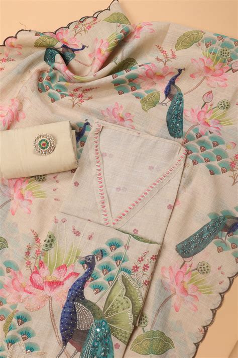 Beautiful Peacock Print Tissue Linen Suit – Vaneersha Vastraa