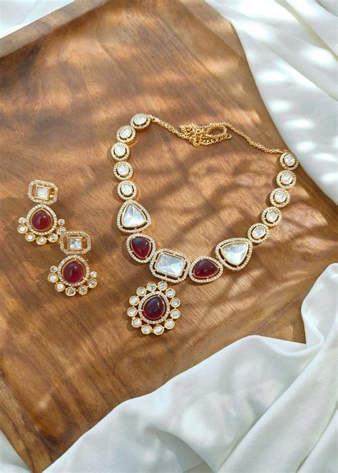 Gold Plated Kundan Ruby Pendant Style Short Necklace Set