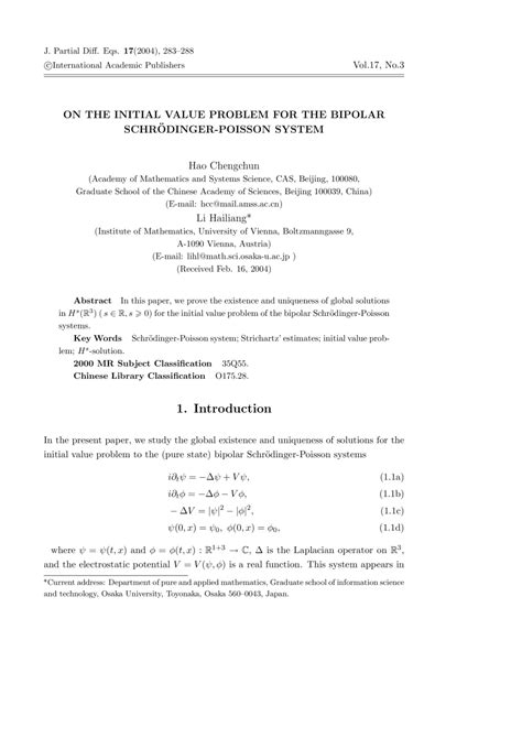 Global Science Press: On the Initial Value Problem for the Bipolar Schr ...