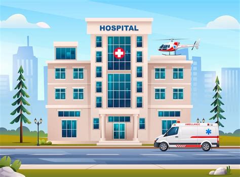 Hospital building with ambulance emergency car and helicopter on ...