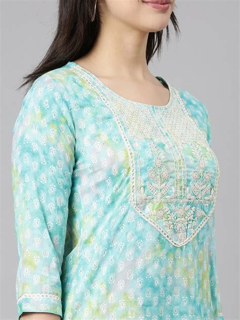 Neerus Turquoise Blue Regular Straight Paisley Kurta – Neerus India
