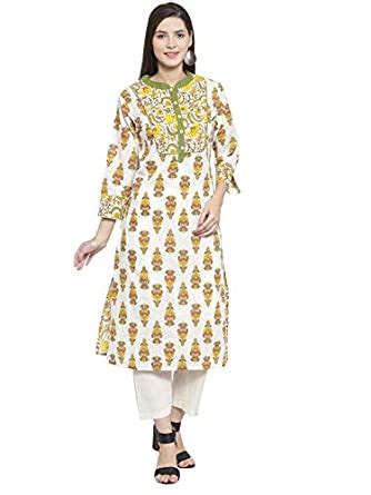 The Kurta Express Yellow Cotton Printed 3/4th Sleeve Knee Length Round ...