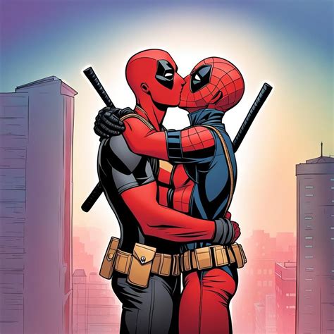 gay adult deadpool kissing gay younger spiderman on the lips, romantic ...