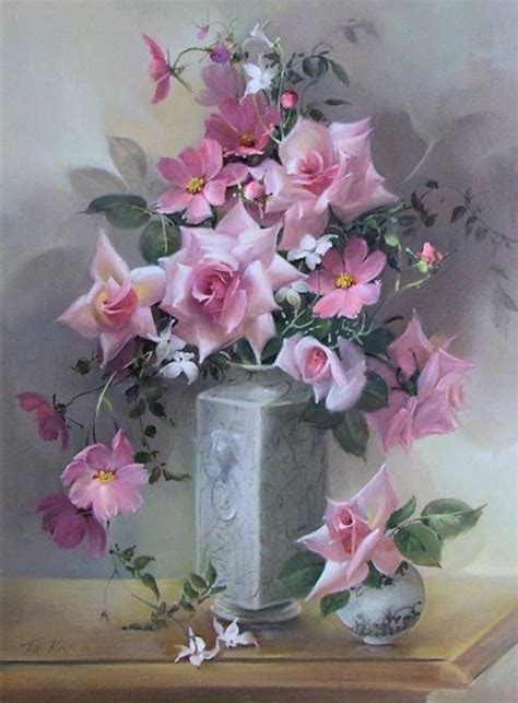 a painting of pink flowers in a silver vase